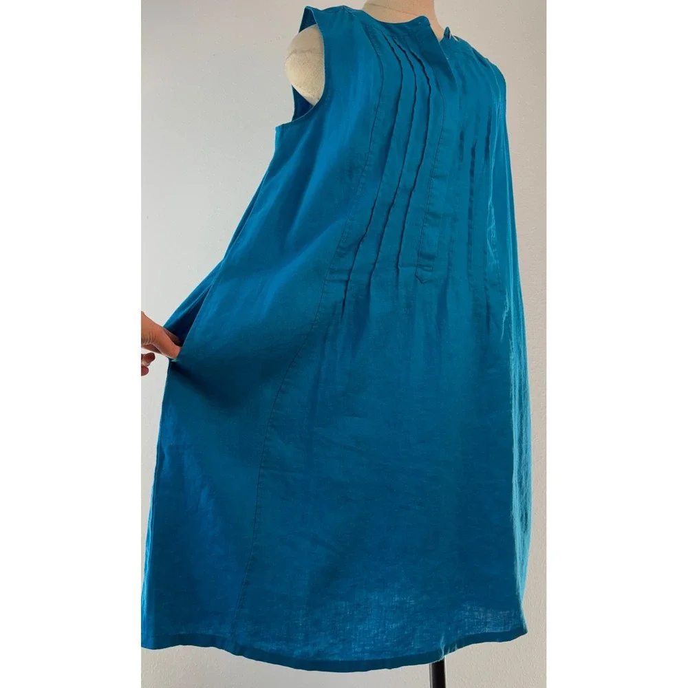 J. Jill Love Linen Teal Blue Pleated Shift Dress 100% Linen Pockets Sleeveless L - Picture 4 of 8